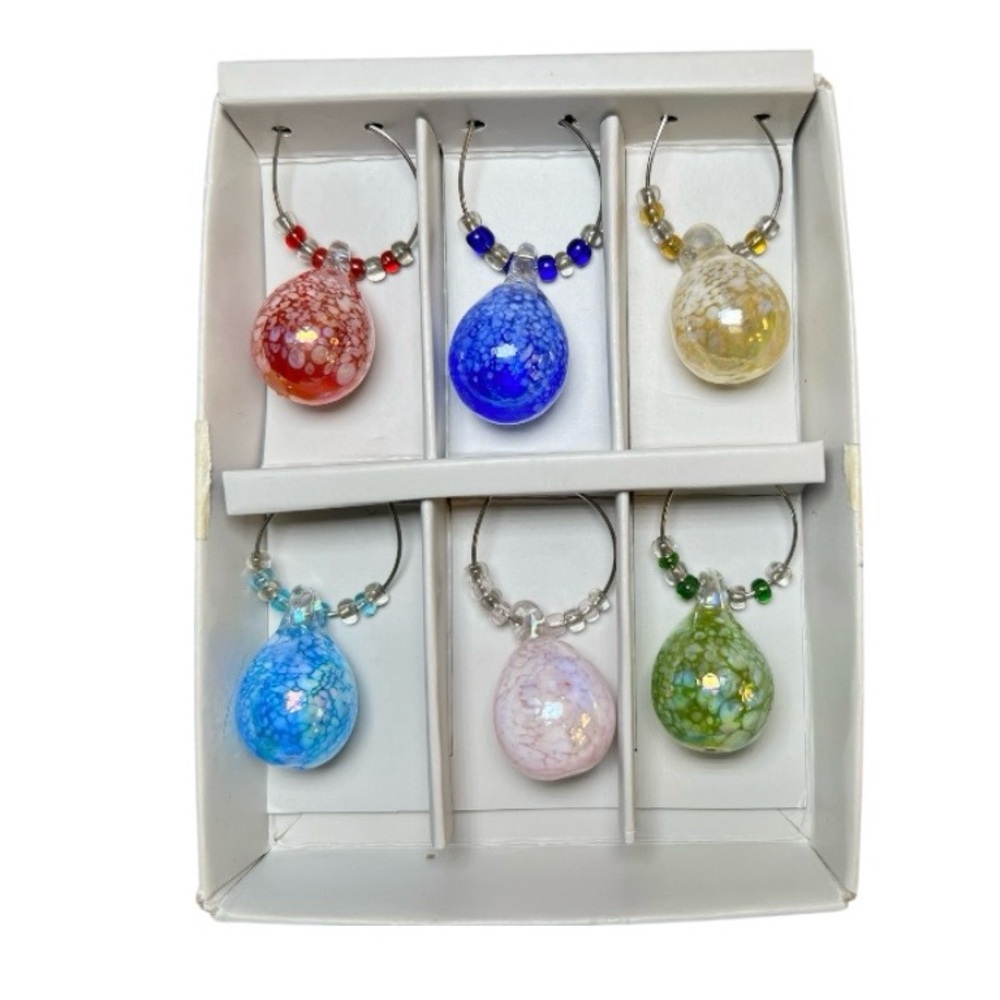 NIB Pier 1 Wine Glass Charms Multicolor Glass Teardrops Set of 6